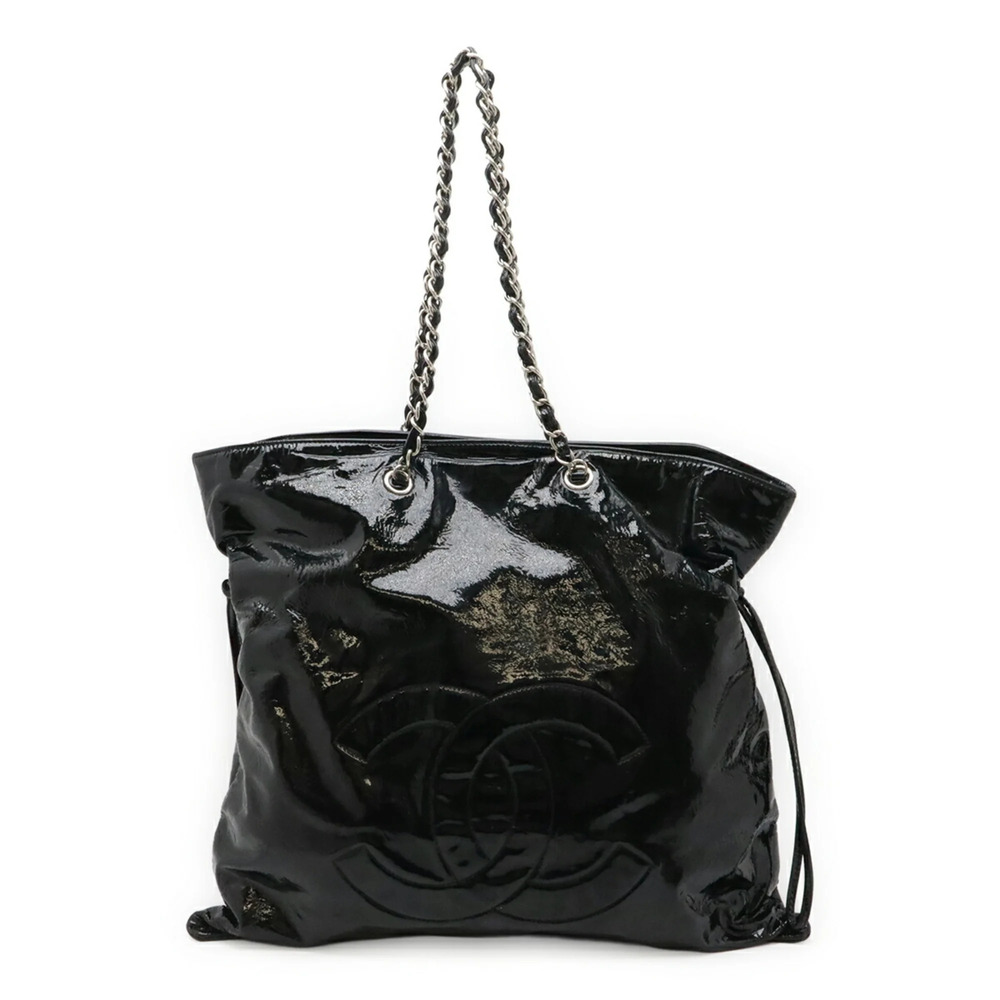 CHANEL Coco Mark Bonbon Tote Bag Chain Shoulder Enamel Leather Black